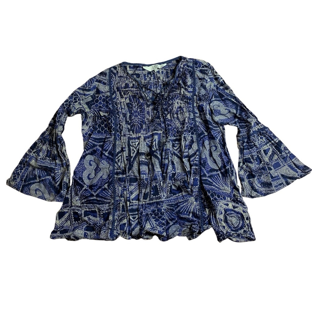 Label Ritu Kumar Blue Boho Printed Bell Sleeve Cotton Top - XL